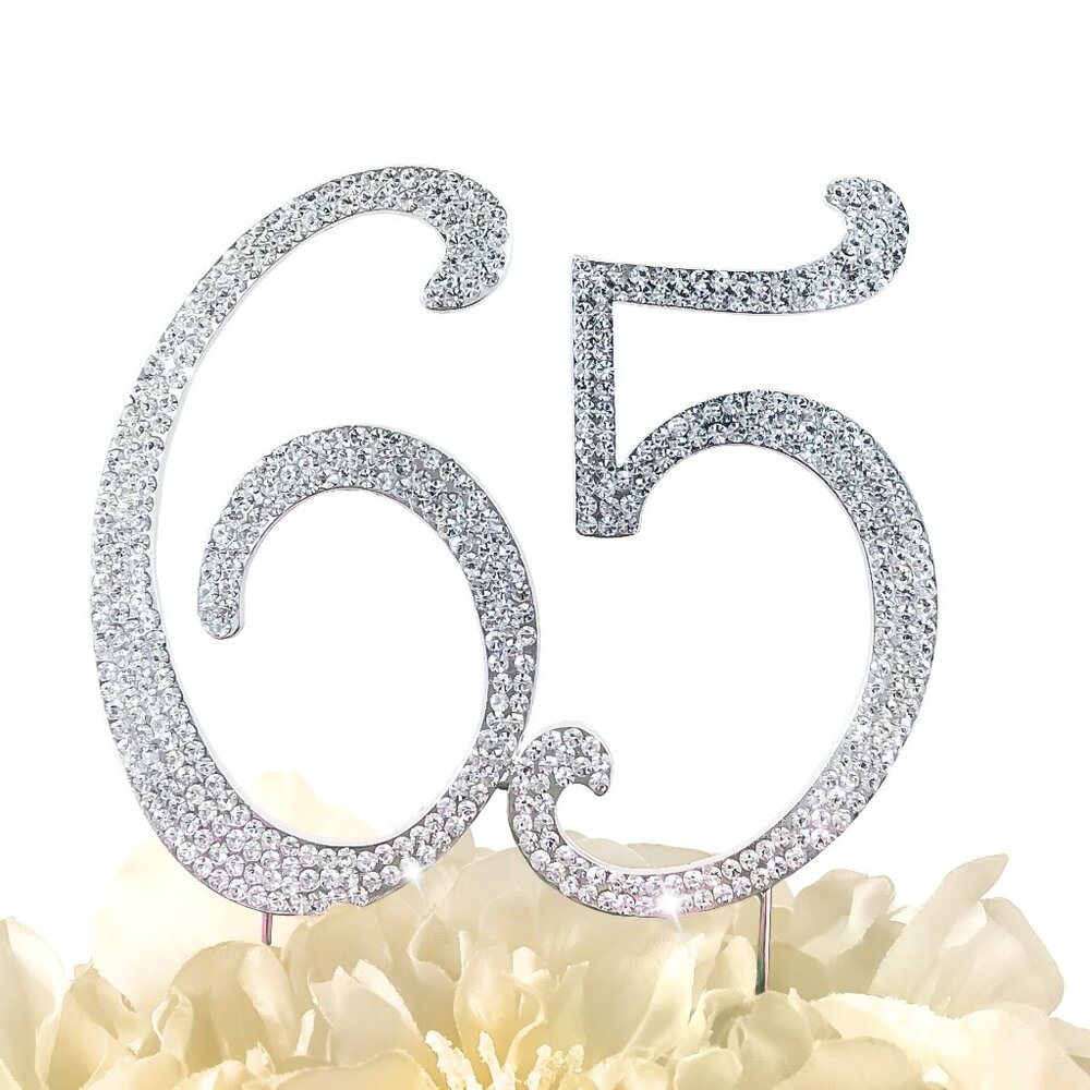 Rhinestone Cake Topper - Number 65 - Silver Metal with Czech Rhinestones